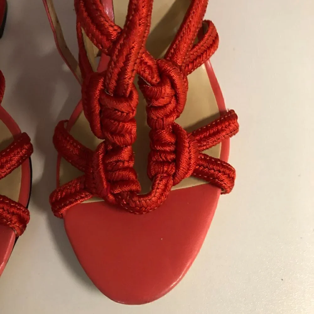 Cabi Tiptoe Knotted Rope Strappy Heeled Sandals Hibiscus Red Size 9M